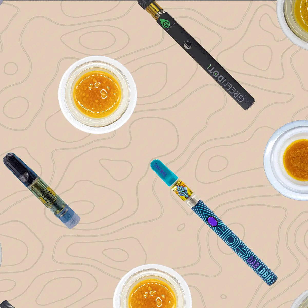 Cannabis concentrate products including vape pens and concentrate containers alongside glass cups with amber-colored liquid on light wooden surface