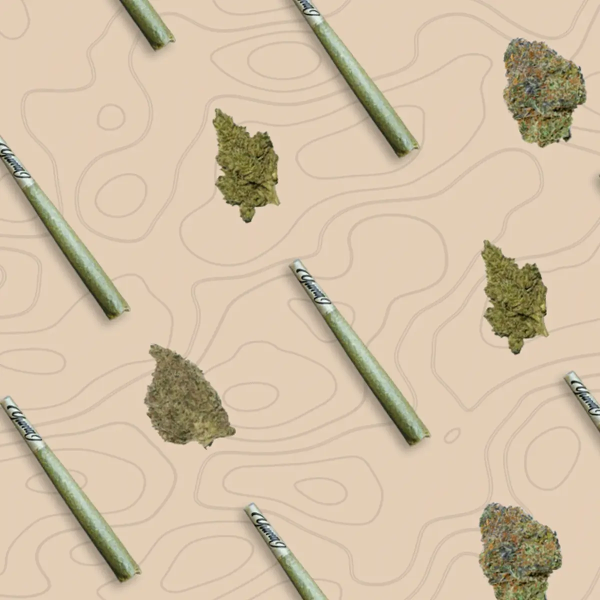 Cannabis flower products including pre-rolled joints and dried flower buds arranged on a light wooden surface