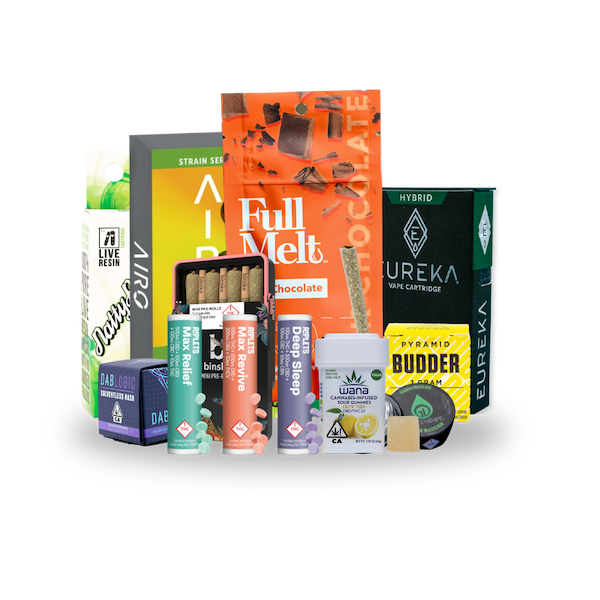 Assorted cannabis vape cartridges, edibles, and concentrate products